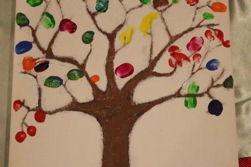 Drawing of a tree with colorful thumbmarks as leaves
