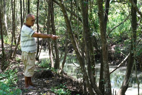 Diabo stands in the forest and points to where the fish pond used to be
