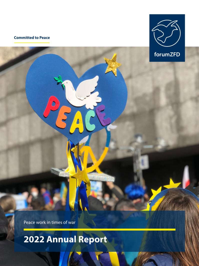 Title of the annual report of Pro Peace with a blue heartshaped sign of a dove and the coloured word peace.