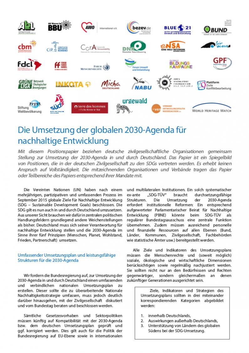 Cover des Positionspapiers "Die Umsetzung der globalen 2030 Agenda für nachhaltige Entwicklung"