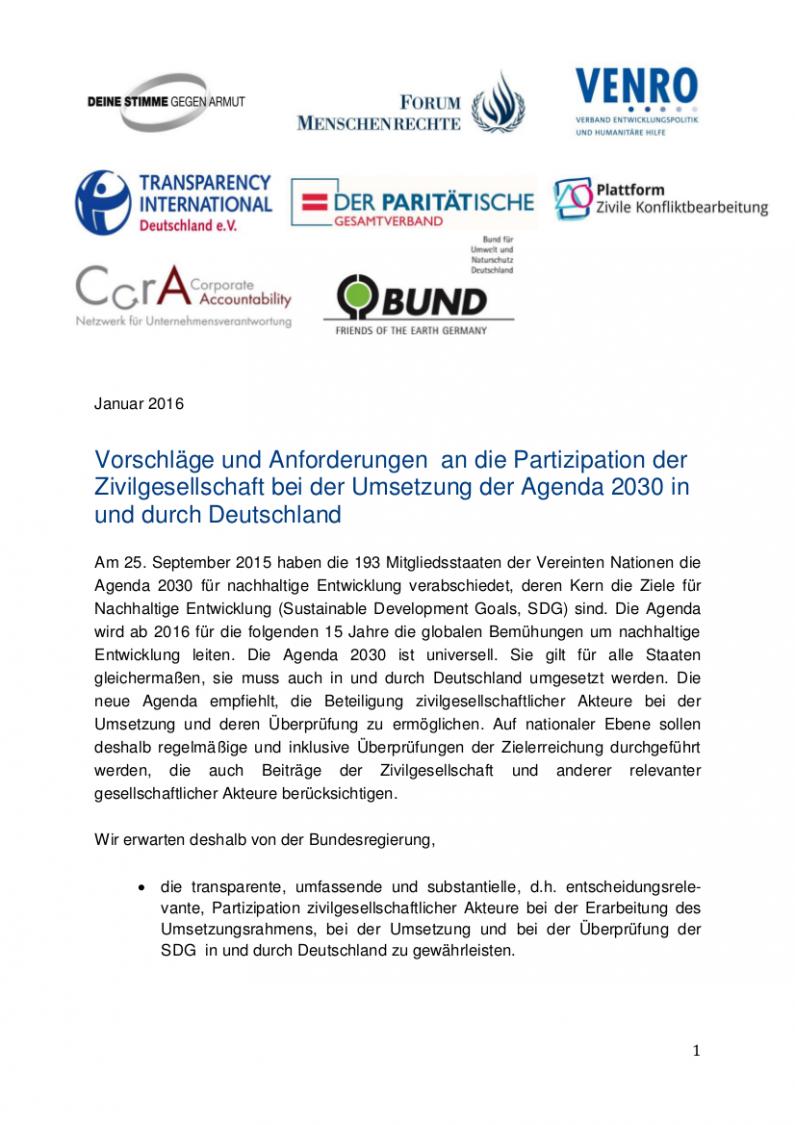 Cover des Positionspapiers "Umsetzung der Agenda 2030 in und durch Deutschland"