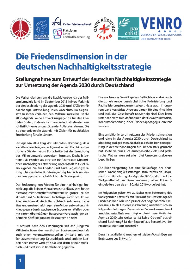 Cover des Positionspapiers Die Friedensdimension in der deutschen Nachhaltigkeitsstrategie