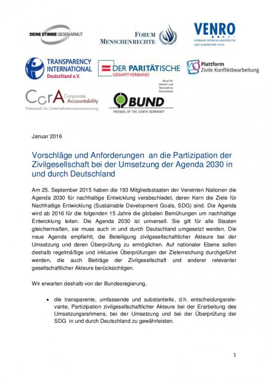 Cover des Positionspapiers "Umsetzung der Agenda 2030 in und durch Deutschland"