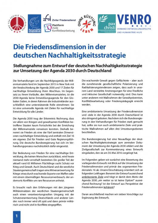 Cover des Positionspapiers Die Friedensdimension in der deutschen Nachhaltigkeitsstrategie