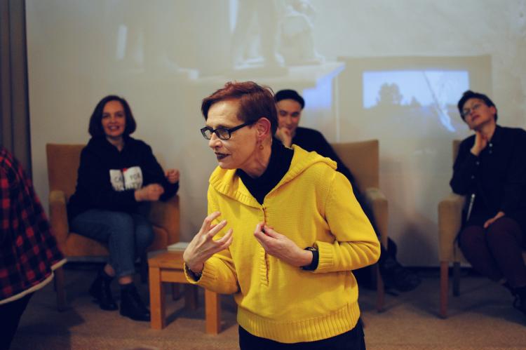 Audience asking questions during a public discussion on decommunisation in Odesa, Ukraine