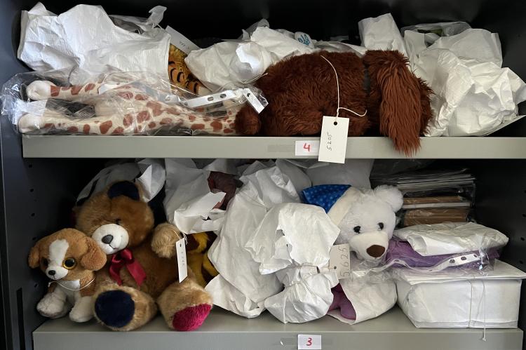 A shelf with toys from Ukrainian children