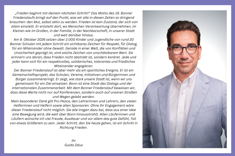 Links ist das Gru&szlig;wort des Schirmherrn Guido D&eacute;us. Rechts das Portr&auml;t von ihm.