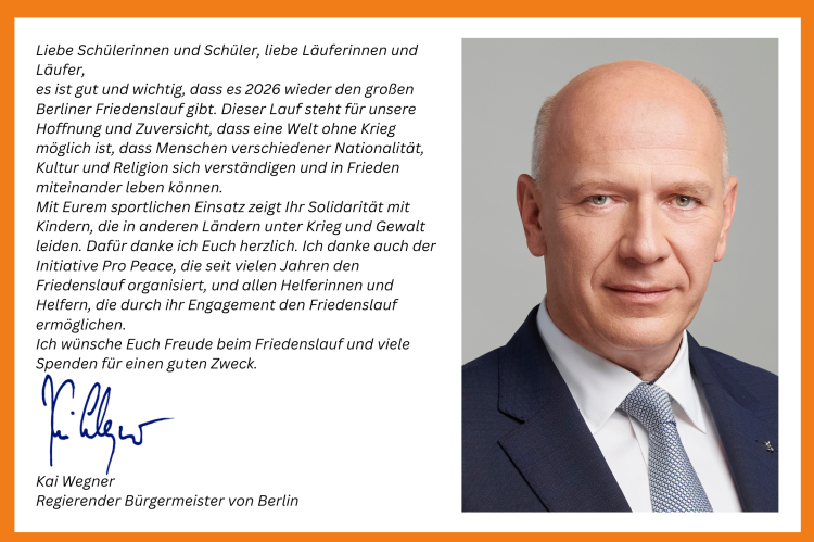 Links ist das Gru&szlig;wort des Schirmherrn Karl Wegener (B&uuml;rgermeister von Berlin). Rechts das Portr&auml;t von ihm.