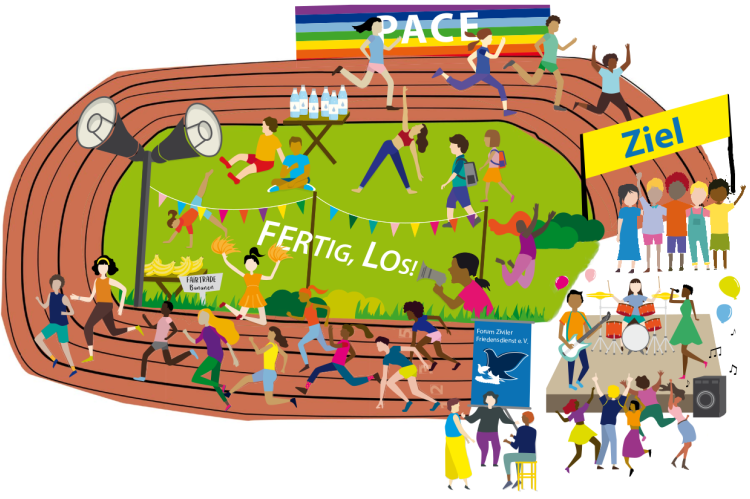 Die Illustration zeigt Kinder und Jugendliche auf einer Laufbahn, daneben eine Bühne, auf der Musik gespielt wird. Einige Kinder laufen, andere dehnen sich, tanzen oder umarmen sich im Ziel.