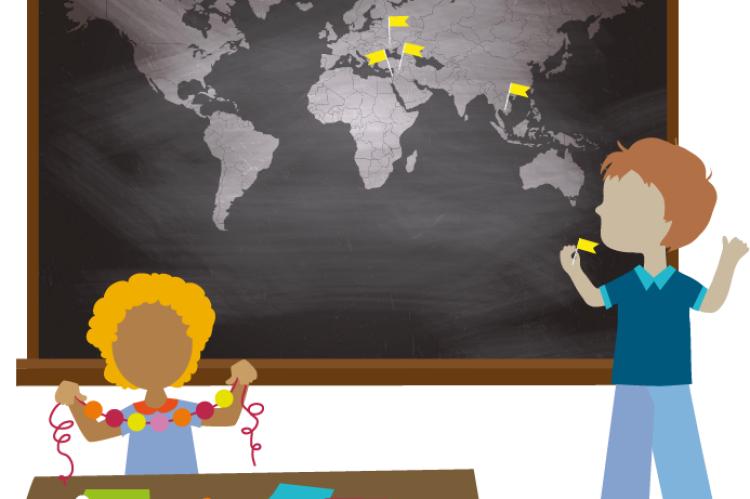 Die Illustration zeigt eine Tafel und einen Schreibtisch mit zwei Kindern