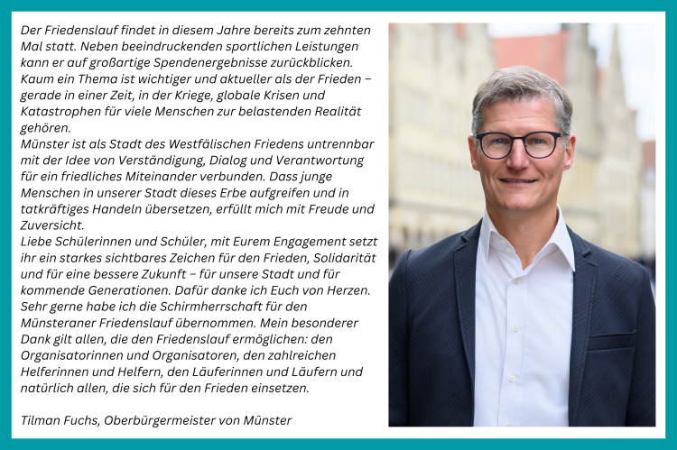 Links ist das Gru&szlig;wort des Schirmherrn Tilman Fuchs (Oberb&uuml;rgermeister M&uuml;nster). Rechts das Portr&auml;t von ihm.