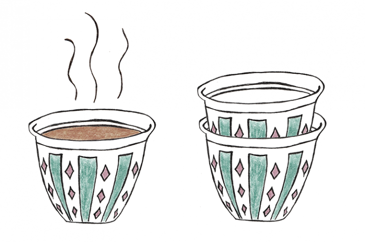 one filled coffee cup and 2 stacked