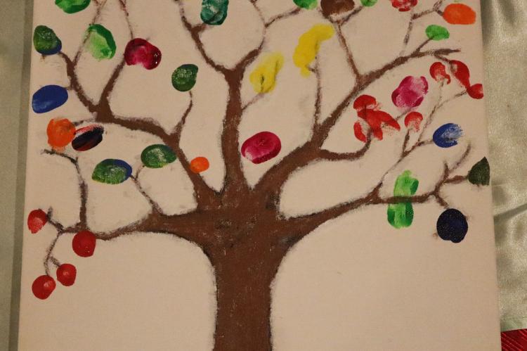 Drawing of a tree with colorful thumbmarks as leaves