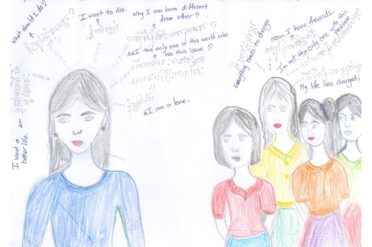 Eine Zeichnung, die eine Frau zeigt, die abseits einer Gruppe weiterer Frauen steht. Um ihren Kopf stehen Gedanken, die die Frauen haben.