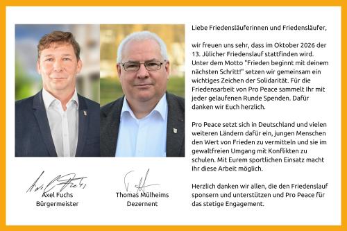 Links sind die Portr&auml;ts der Schirmherren Axel Fuchs (links) und Thomas M&uuml;hlheims (rechts). Darunter befinden sich jeweils die Unterschriften. Rechts ist das gemeinsame Gru&szlig;worrt abgebildet. 