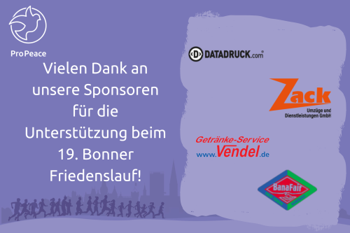 Vielen Dank an unsere Sponsoren f&uuml;r die Unterst&uuml;tzung beim 19. Bonner Friedenslauf! (Logos von Datadruck.com, Zack Umz&uuml;ge, Getr&auml;nke-Servive Vendel, BanaFair)