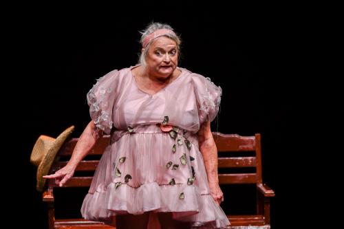 An old women scared looking woman in a pink dress performs a theater play on stage.