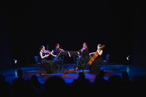 Ein Streicherquartett spielt vor Publikum auf einer abgedunkelten B&uuml;hne.