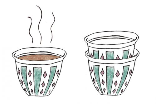 one filled coffee cup and 2 stacked