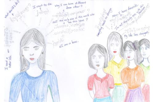 Eine Zeichnung, die eine Frau zeigt, die abseits einer Gruppe weiterer Frauen steht. Um ihren Kopf stehen Gedanken, die die Frauen haben.