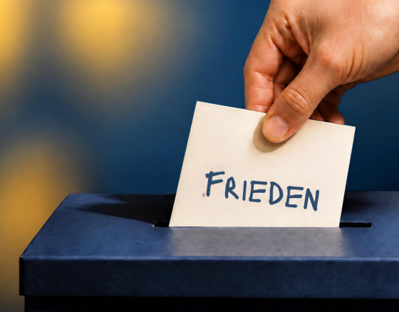 Eine Person steckt einen Zettel mit Aufschrift "Frieden" in eine Wahlurne