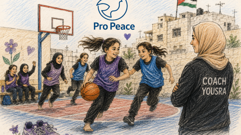 Girls playing basketball barefot in Gaza camp