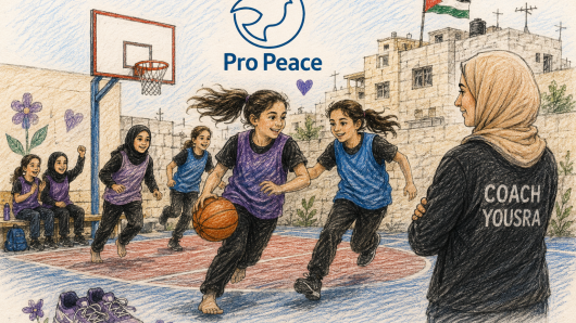 Girls playing basketball barefot in Gaza camp