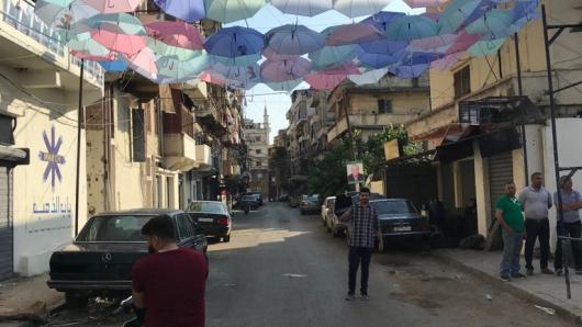 Umbrella installation in a street in Tripoli