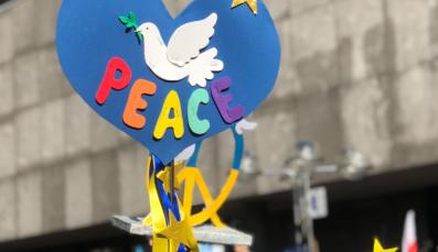 Title of the annual report of Pro Peace with a blue heartshaped sign of a dove and the coloured word peace.