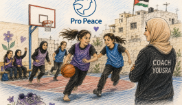 Girls playing basketball barefot in Gaza camp