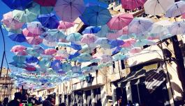 Colorful umbrellas hanging above a street